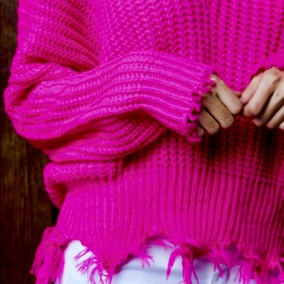 Off Shoulder Distressed V Neck Sweater Magenta Pink - Picture 6 of 7